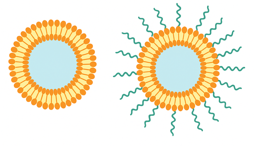 Confronto tra nanovescicola con doppio strato lipidico senza PEG (sinistra) e con catene di PEG sulla superficie esterna (destra)