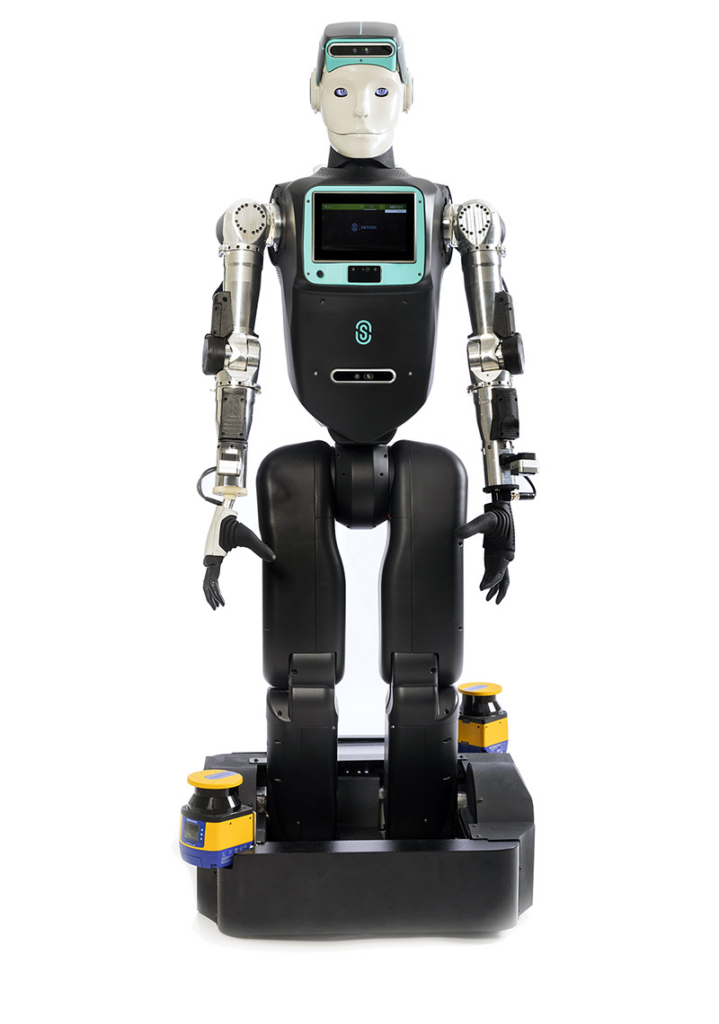 RoBee serie M di Oversonic Robotics: robot umanoide con torso nero, braccia meccaniche, testa antropomorfa e base mobile su ruote