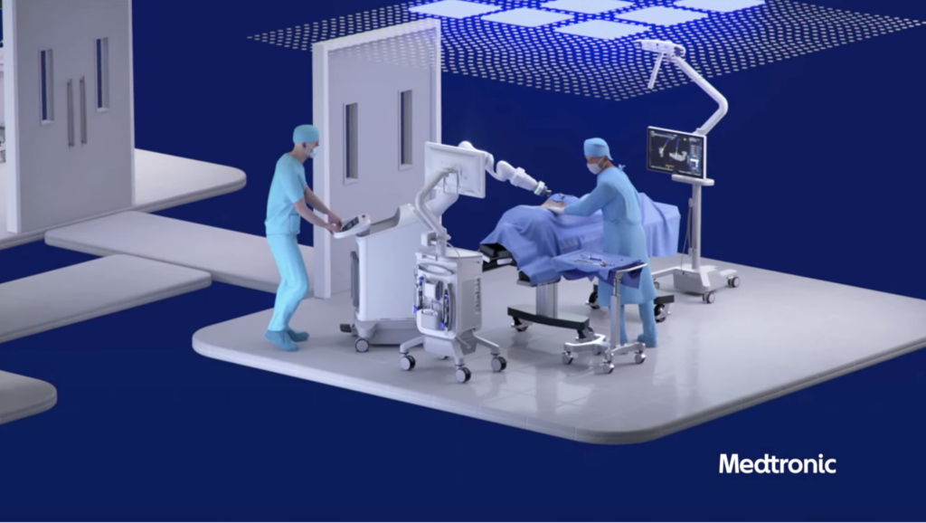 Simulazione 3D di chirurghi che utilizzano il sistema robotico Stealth AXiS con braccio meccanico e monitor