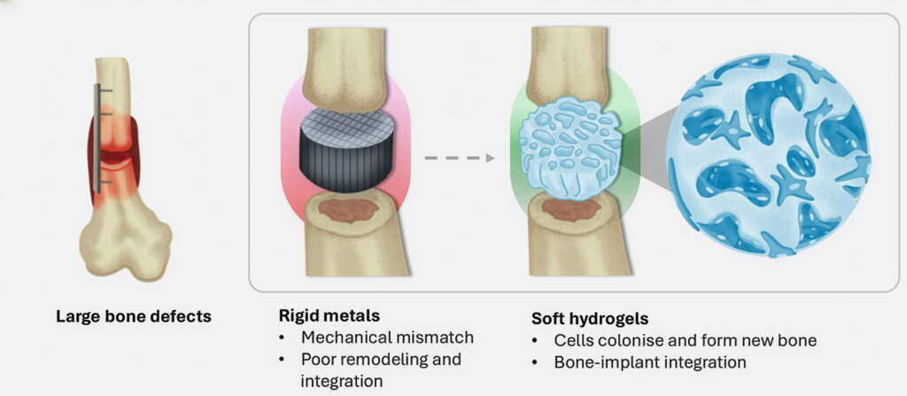 Schema comparativo: impianti metallici rigidi causano disallineamento meccanico e scarsa integrazione, mentre gli idrogel morbidi favoriscono colonizzazione cellulare e formazione di nuovo osso