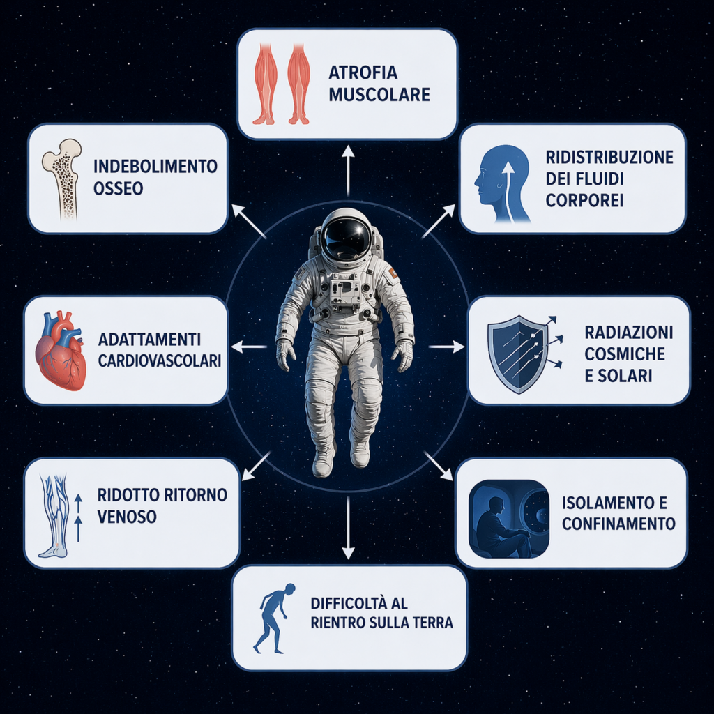 Schema semplificato principali problematiche fisiologiche microgravità atrofia muscolare indebolimento osseo redistribuzione fluidi adattamenti cardiovascolari esposizione radiazioni isolamento