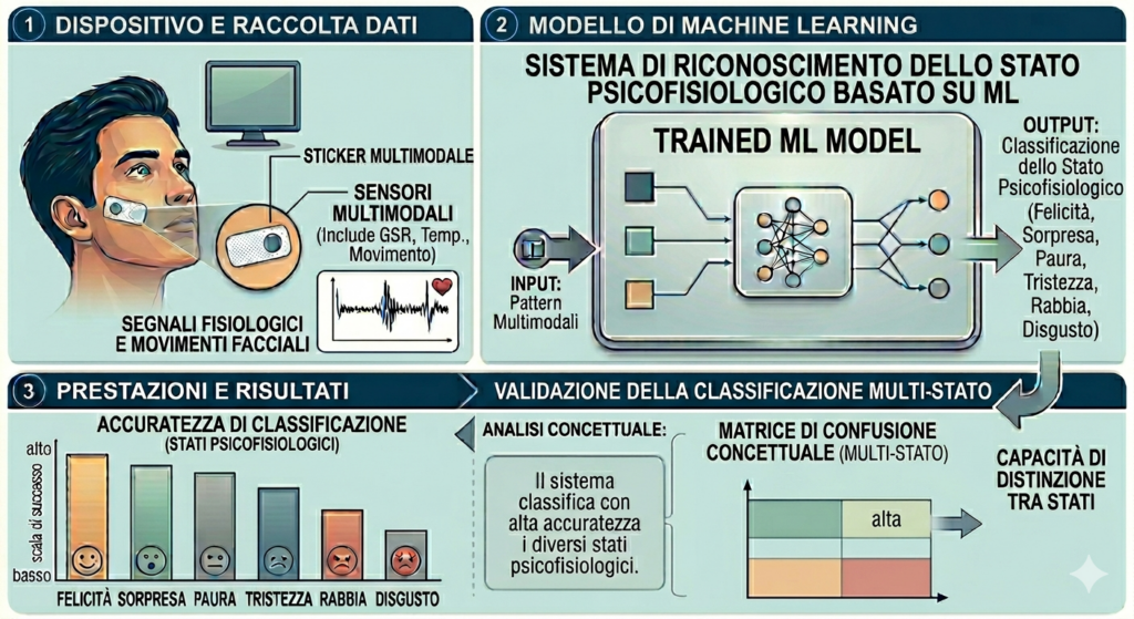 Schema in tre fasi del sistema ML per il riconoscimento emotivo: raccolta segnali fisiologici, classificazione tramite modello addestrato e valutazione delle prestazioni con matrice di confusione