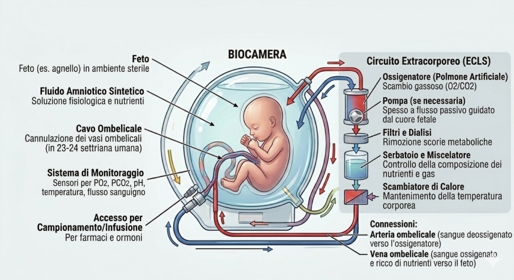 Schema di un utero artificiale con feto in biocamera collegato a un circuito extracorporeo per ossigenazione e nutrienti