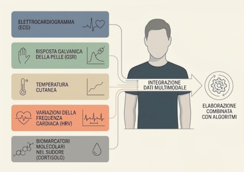 Schema che mostra cinque segnali fisiologici (ECG, GSR, temperatura cutanea, HRV, cortisolo) integrati e elaborati tramite algoritmi per valutare lo stress