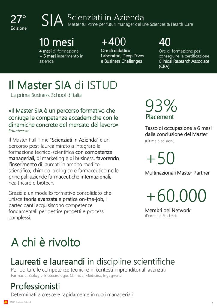 Brochure del Master SIA di ISTUD: 27ª edizione, 10 mesi, 93% placement, rivolto a laureati in discipline scientifiche e professionisti