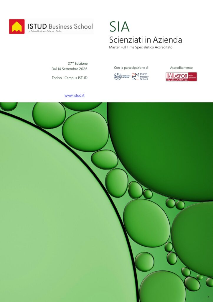 Copertina della brochure del Master SIA Scienziati in Azienda ISTUD, 27ª edizione dal 14 settembre 2026, Torino Campus ISTUD