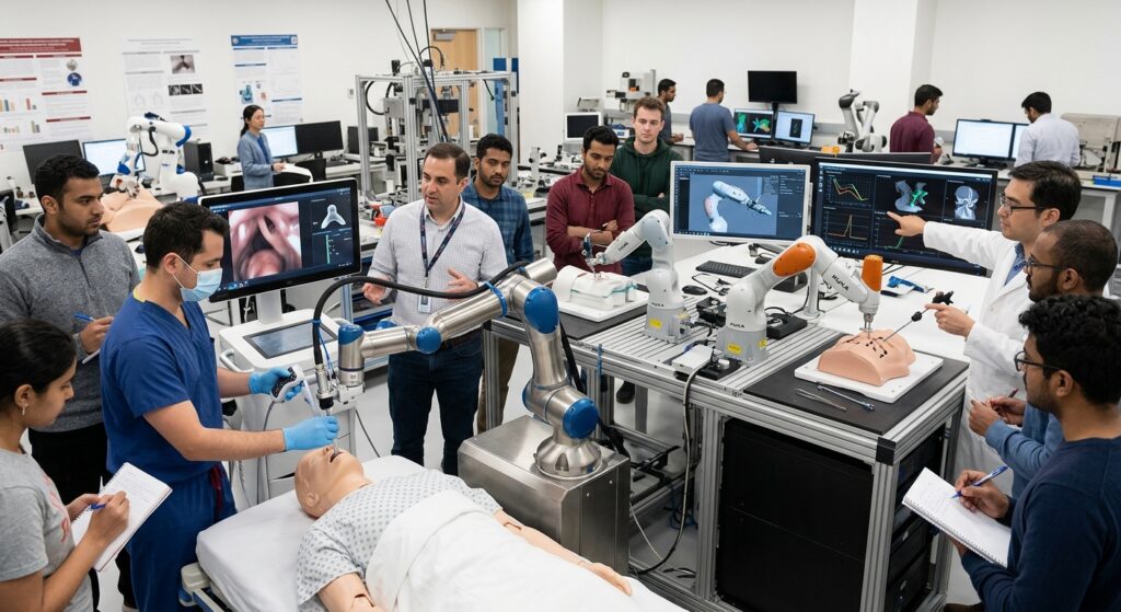 Laboratorio di robotica medica con bracci robotici, manichini e monitor, durante una sessione dimostrativa con studenti e ricercatori