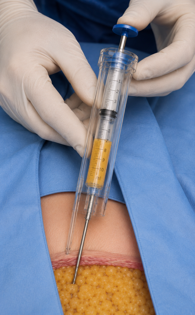 Prototipo di siringa con guida di profondità inserita nel tessuto adiposo sottocutaneo durante il prelievo per lipofilling