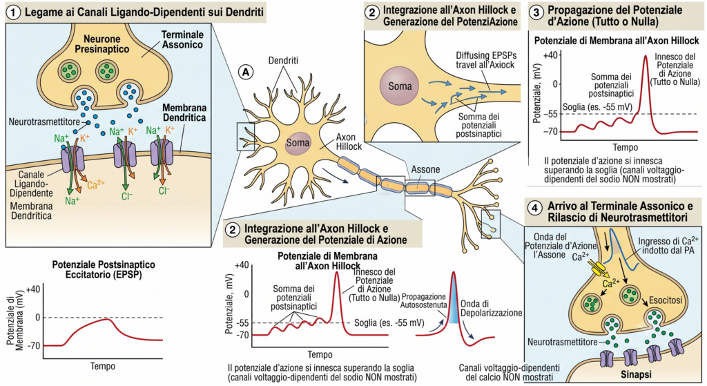 Diagramma delle 4 fasi del potenziale d'azione: legame ai canali dendritici, integrazione all'axon hillock, propagazione tutto-o-nulla, rilascio di neurotrasmettitori al terminale assonico