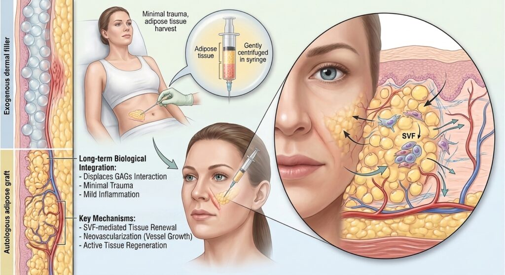 Infografica che confronta filler esogeno e innesto adiposo autologo: prelievo del tessuto adiposo, centrifugazione in siringa e iniezione facciale con dettaglio della SVF e dei meccanismi di integrazione biologica e neovascolarizzazione